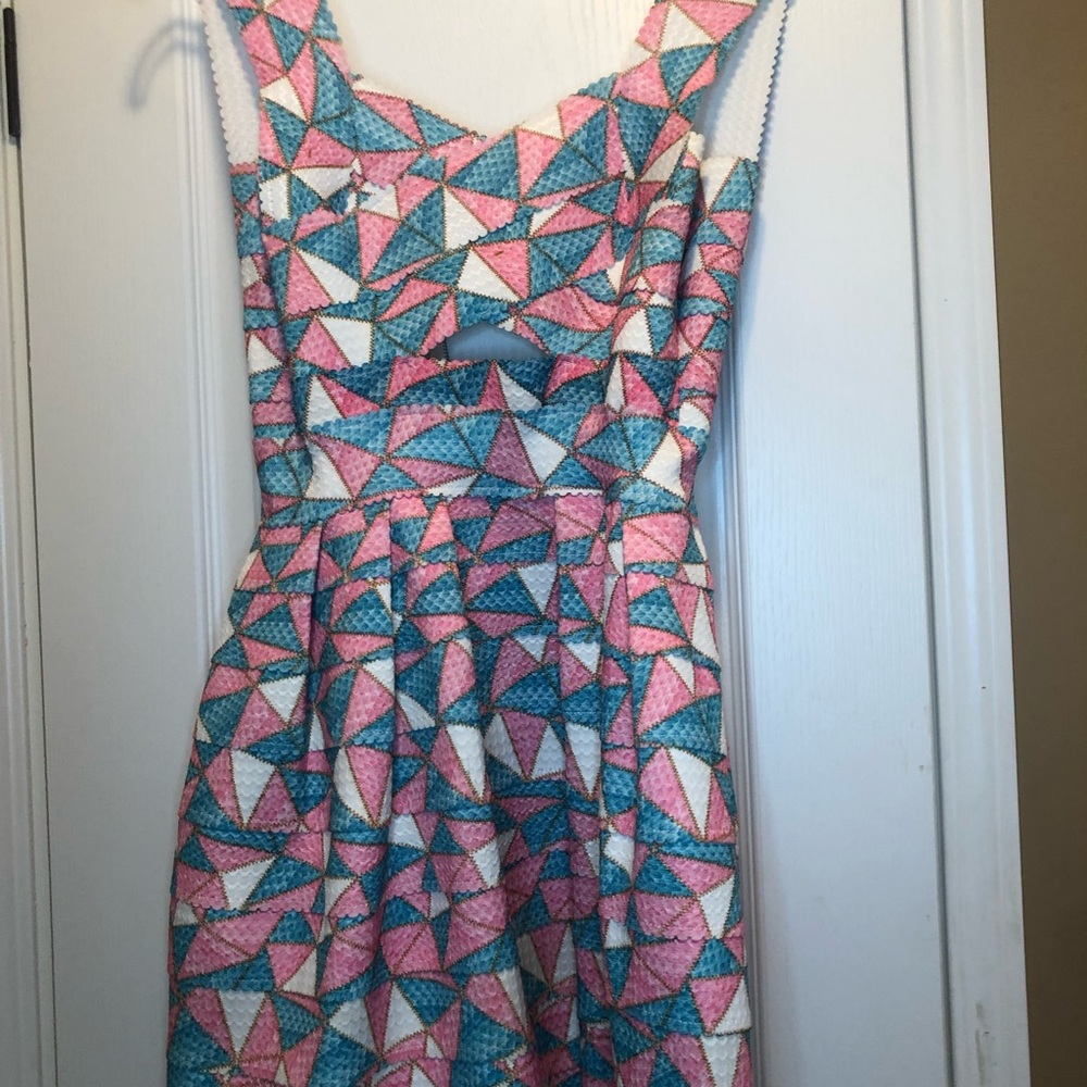 Pink & blue geo print type dress